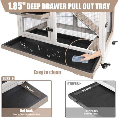 PetsCosset Rabbit Hutch Indoor 40" L Large 2 Story Outdoor Wooden Bunny Hutch with Run, 4 Metal Wheels & 2 Deeper Trays, UV-Proof Panel Rabbit Cage Guinea Pig Pet House for Small-Medium Animals - Image 4