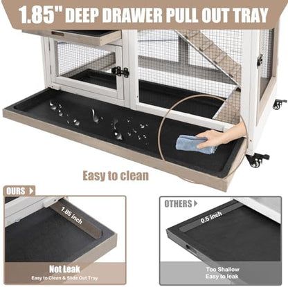 PetsCosset Rabbit Hutch Indoor 40" L Large 2 Story Outdoor Wooden Bunny Hutch with Run, 4 Metal Wheels & 2 Deeper Trays, UV-Proof Panel Rabbit Cage Guinea Pig Pet House for Small-Medium Animals - Image 4