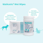 MalAcetic one hundred count wet wipes container for topical pet skin care.