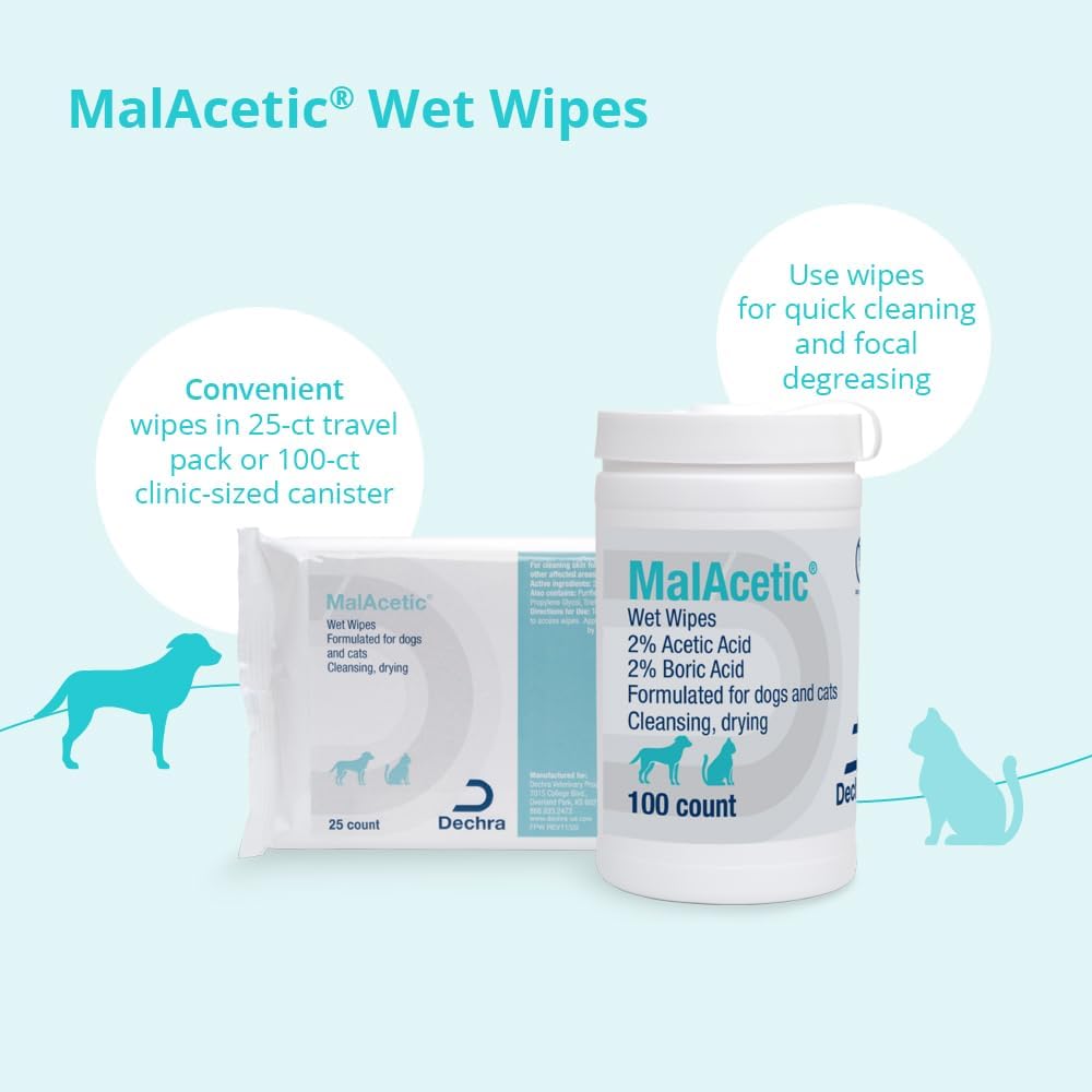 MalAcetic one hundred count wet wipes container for topical pet skin care.