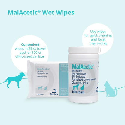 MalAcetic one hundred count wet wipes container for topical pet skin care.