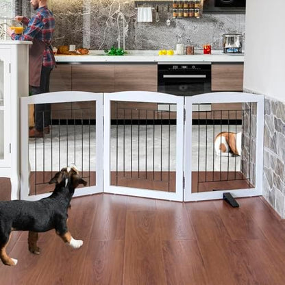ZJSF foldable indoor dog fence expanded in a hallway to block puppy access