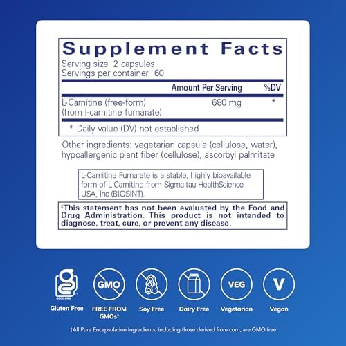 Pure Encapsulations L-Carnitine Fumarate supplement label with ingredients
