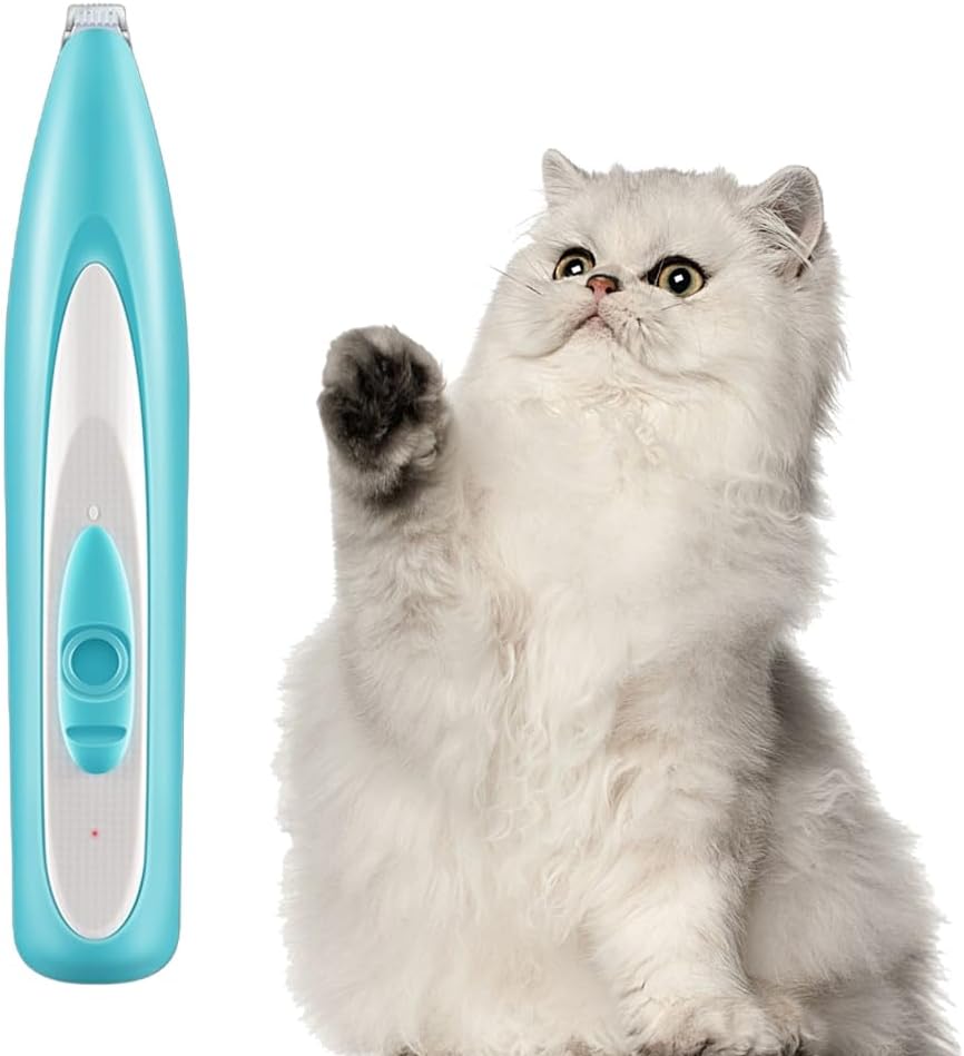 Victoryy handheld cordless pet shaver being used to trim hair on a cat's paw