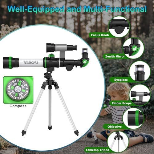 Educational space toy for boys and girls highlighting the built-in directional compass for outdoor navigation.