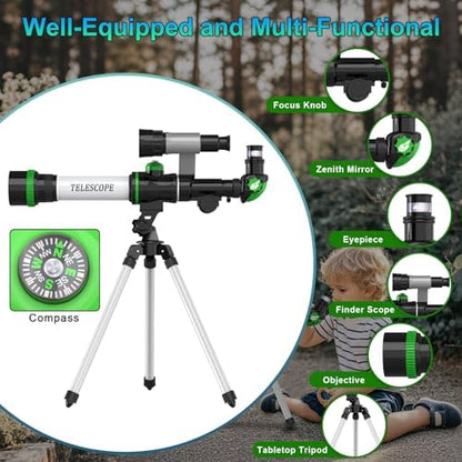 Educational space toy for boys and girls highlighting the built-in directional compass for outdoor navigation.