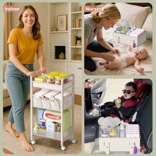 Side view of beige diaper caddy with metal frame construction