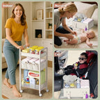 Side view of beige diaper caddy with metal frame construction