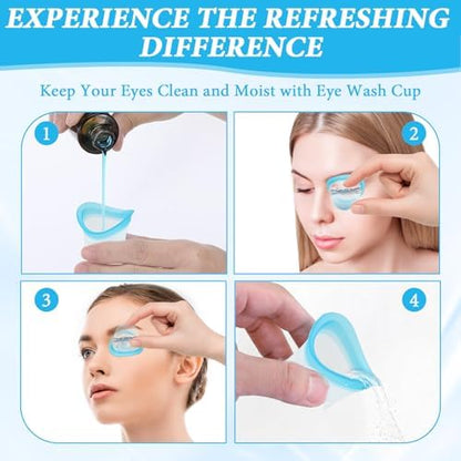 Multi-pack of ten blue and white eye cleaning cups for family use.