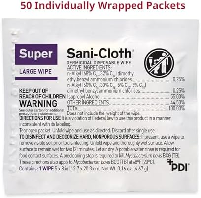 Close up of PDI Super Sani-Cloth packaging showing 2 minute kill time.