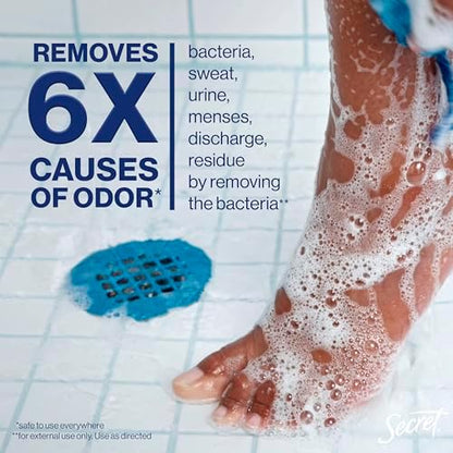 Back label of Secret Whole Body Wash showing 6x odor removal features