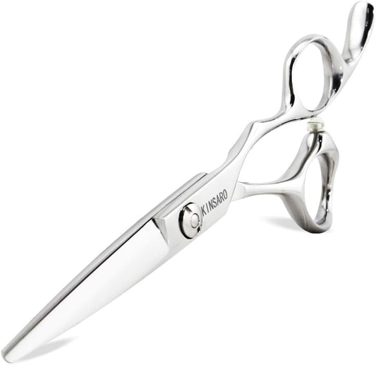 Kinsaro professional hair cutting scissors front view showcasing premium silver finish