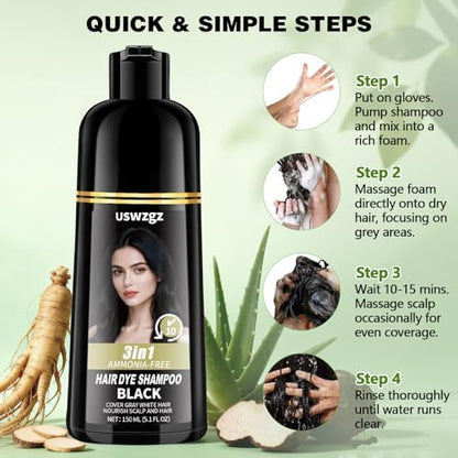 Model showing shiny black hair after using the natural gray coverage shampoo
