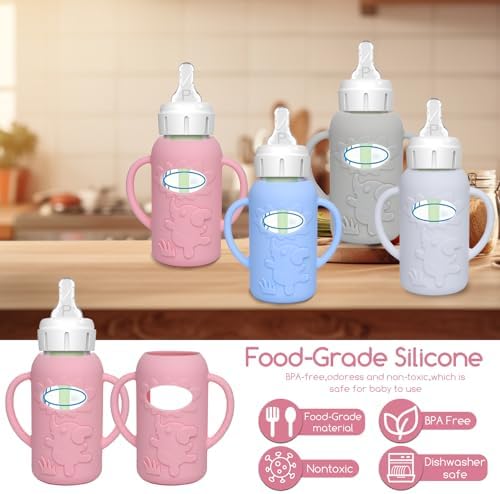 WAJIAYON 4 Pack Silicone Sleeves for Dr. Brown's Glass Baby Bottles -Drop Protection Easy-Grip Baby Bottle Sleeves Holder with Handles, Compatible with Dr. Brown's Newborn Glass Bottles 4 oz/120 ml - Image 6