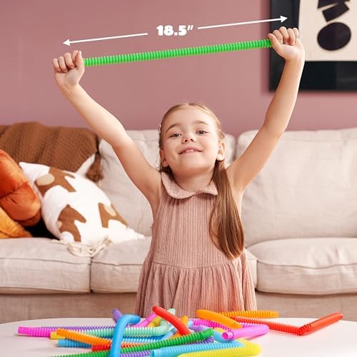 Close up of small sensory pop tubes showing texture and flexible plastic design