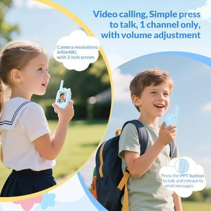 Side angle of the blue Mafiti toddler walkie talkie showcasing the easy push to talk button layout.