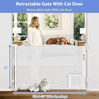 White mesh retractable safety gate extended fifty five inches wide across hallway.