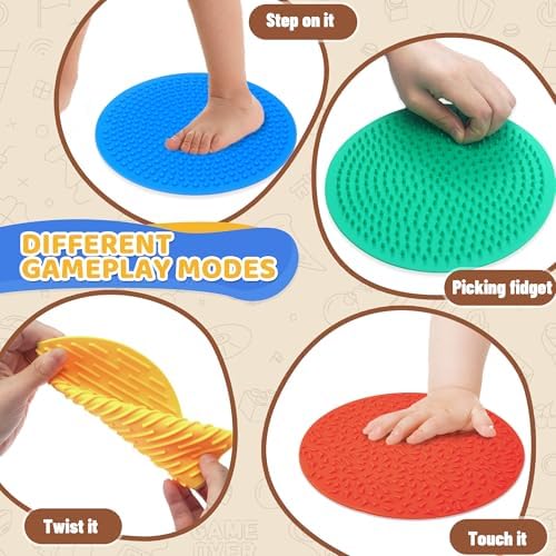 Toddler hands feeling the unique patterns on a collection of bright silicone tactile touch pads
