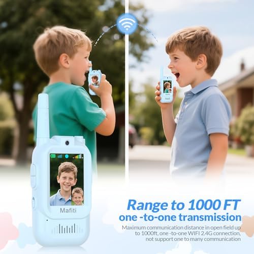 Mafiti video intercom devices for kids arranged neatly with their included matching neck lanyards.
