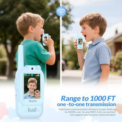 Mafiti video intercom devices for kids arranged neatly with their included matching neck lanyards.