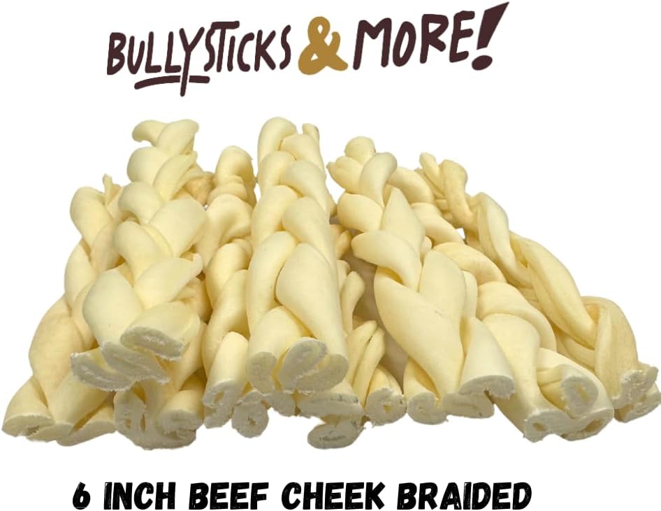 Six inch thick beef cheek rolls braided design close up view for dog dental health