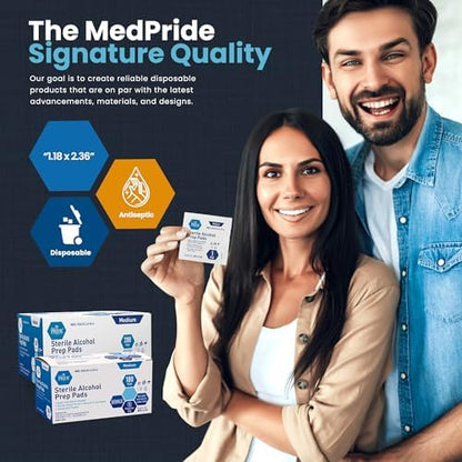 Box of 200 Med Pride alcohol prep pads showing sterile packaging details.