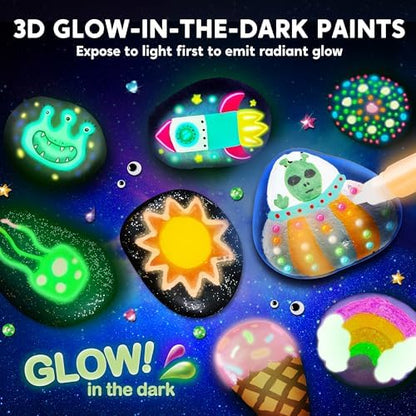 Complete contents of the kids DIY stone coloring craft set including rocks brushes and paints