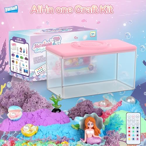 DIY arts and crafts mermaid kit components including magic sand crystals and figurines