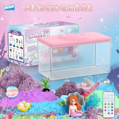 DIY arts and crafts mermaid kit components including magic sand crystals and figurines