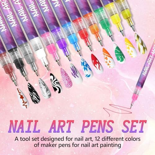 Twelve vibrant color nail art markers arranged side by side