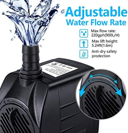 CWKJ 15W 900 Liters Per Hour fountain pump with three interchangeable threaded nozzles.