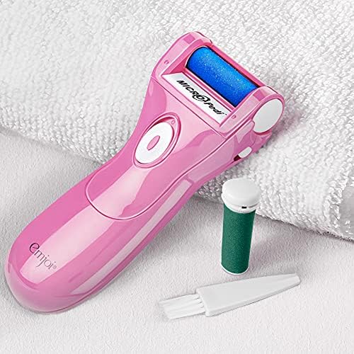 Emjoi Micro-Pedi pink device held in hand demonstrating ergonomic grip.