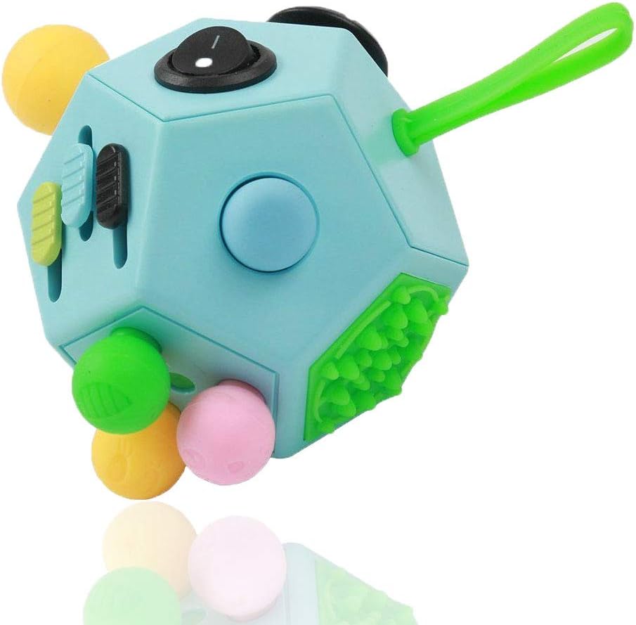 WCZC 12 sided fidget cube blue color front view showcasing the joystick and clickable buttons.