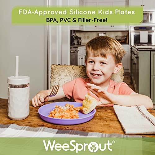 Three WeeSprout silicone plates in blue green and gray colors