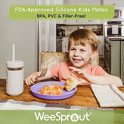 Three WeeSprout silicone plates in blue green and gray colors