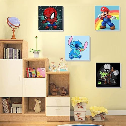 KOJEFCV eight-by-eight inch cartoon paint kit demonstrating the included wall mounting hooks and accessories