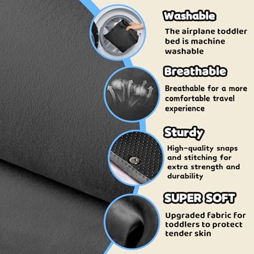 Black fabric toddler travel bed for plane highlighting the built-in storage side pocket.