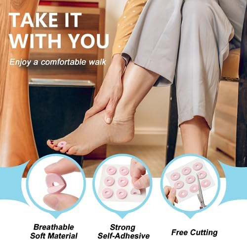 Multi-size adhesive corn protectors for toes and heels shown on sheets.