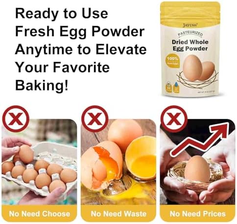 Jayuss egg powder nutrition label and ingredient list close up.