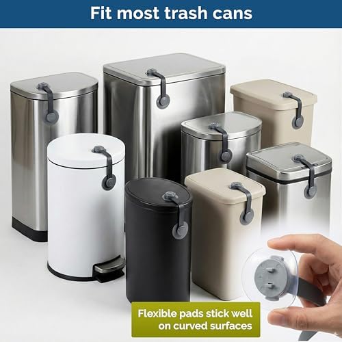 Flexible child safety lock strap attached across the top of a plastic wastebasket