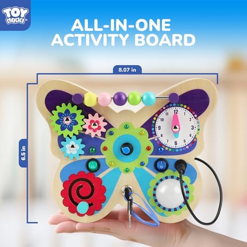 The LED lights illuminated on the TOY Life Montessori board illustrating the cause and effect learning feature.