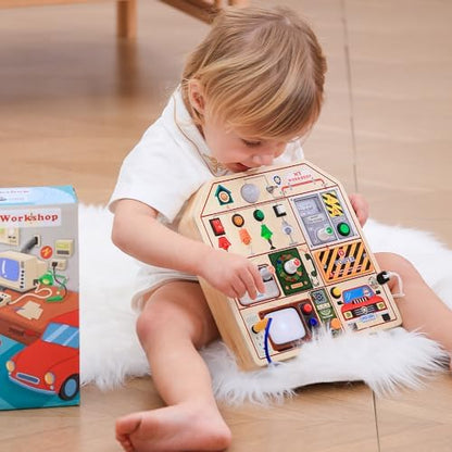Close up view of the wooden sensory toddler toy plug in control panel with active LED indicator lights.