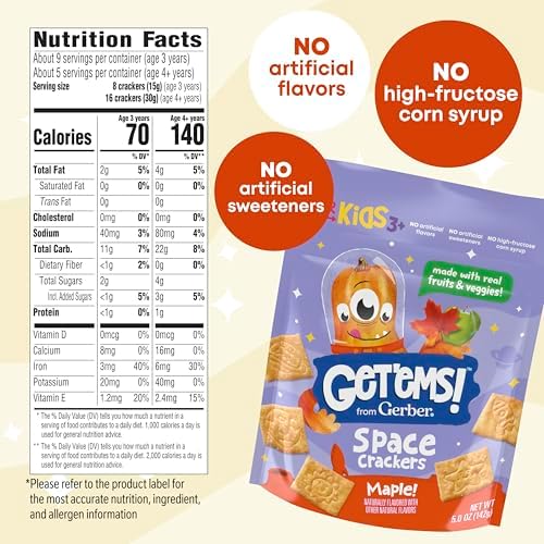 Nutritious kids snacks displaying rocket and planet shaped crackers from Gerber.