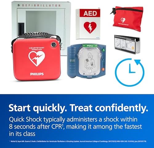 Close up of Philips HeartStart AED interface showing power and shock buttons.