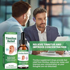 Close up of HOUNE ear drops packaging highlighting natural formula for hearing support.