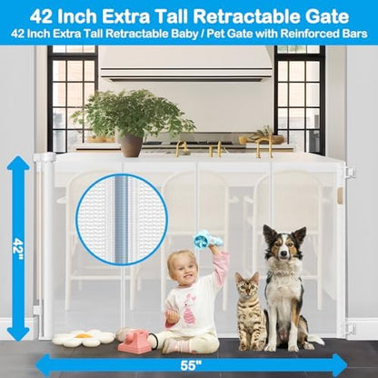 White retractable dog gate extended across a wide hallway opening