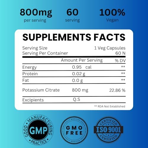 Saikou Herbs Potassium Citrate 60 vegan capsules nutritional facts label showing elemental potassium strength.