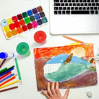 Complete thirty piece children painting kit arranged neatly to display all ten distinct colors included in the package