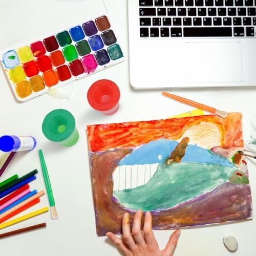 Complete thirty piece children painting kit arranged neatly to display all ten distinct colors included in the package