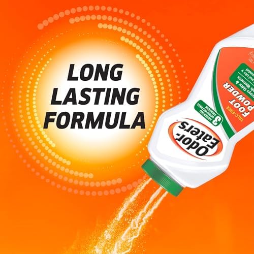 Sprinkling Odor-Eaters powder into shoes for maximum wetness control.